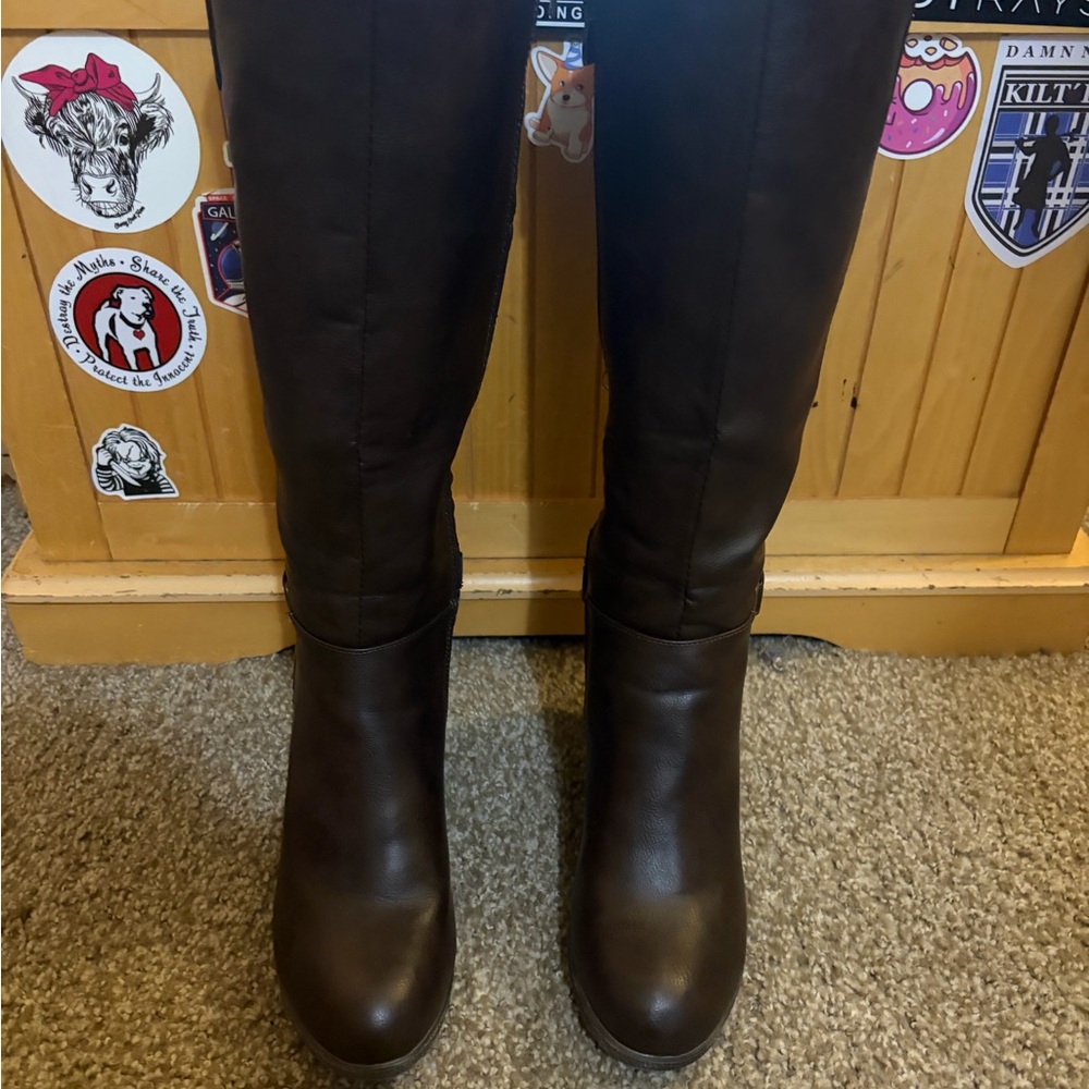 Elegant Brown Knee-High Boots Wedge Heel